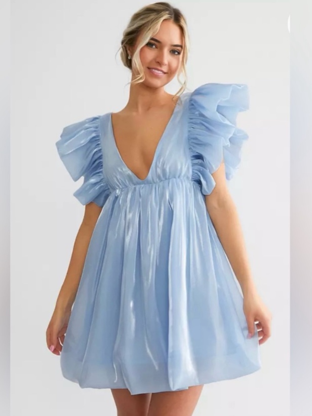 Storia Blue Sheen Deep V-neck Ruffle Sleeve Mini Dress